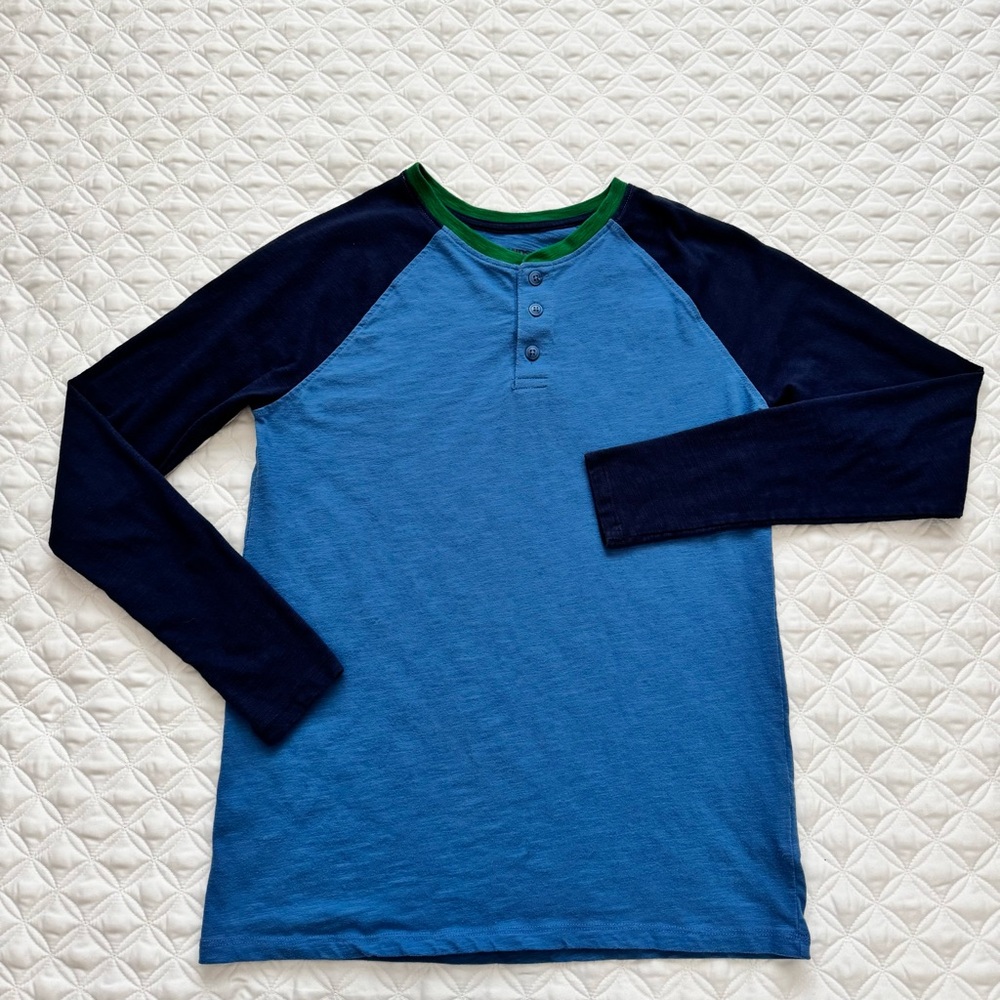 Lands' End Boys Navy Blue Green Trim Raglan Long Sleeve Henley Size XXL 18-20